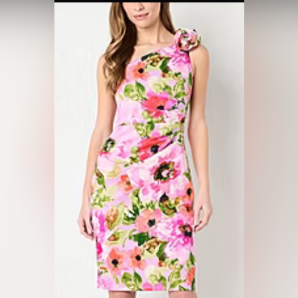 JH Evenings Floral Pink One-Shoulder Dress, sz 14 - Picture 1 of 9